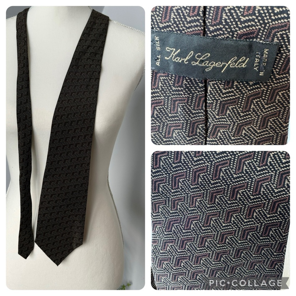 Vintage Silk Karl Lagerfeld Men’s‎ Tie Black Brown Geometric Pattern